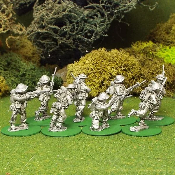 BEF Riflemen with bayonets attached and helmet covers.