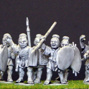 Warriors with spears and shields advancing or attacking.