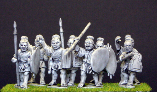 Warriors with spears and shields advancing or attacking.