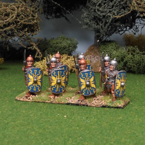 Legionaries advancing with pilum and cornered scutum.