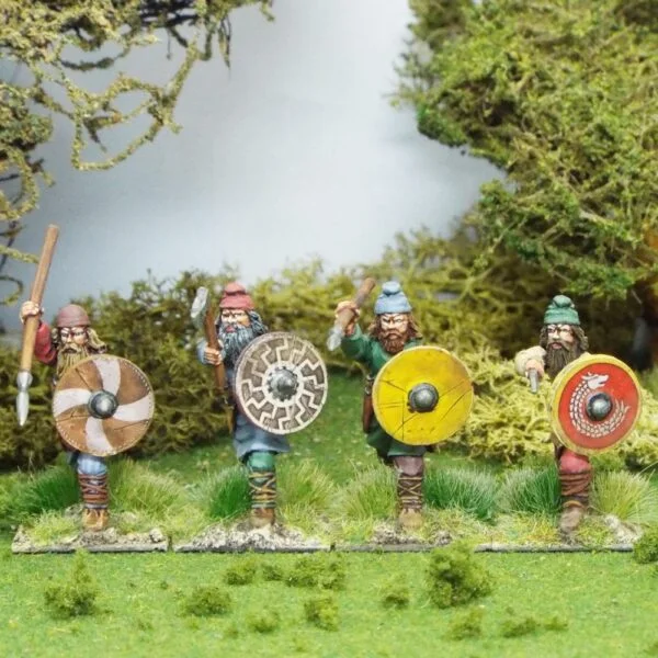 Duguth Shieldwall Wearing Caps. Contains 4 figures wearing assorted caps , shields and assorted weapons.