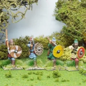 Duguth Shieldwall Wearing Caps. Contains 4 figures wearing assorted caps , shields and assorted weapons.