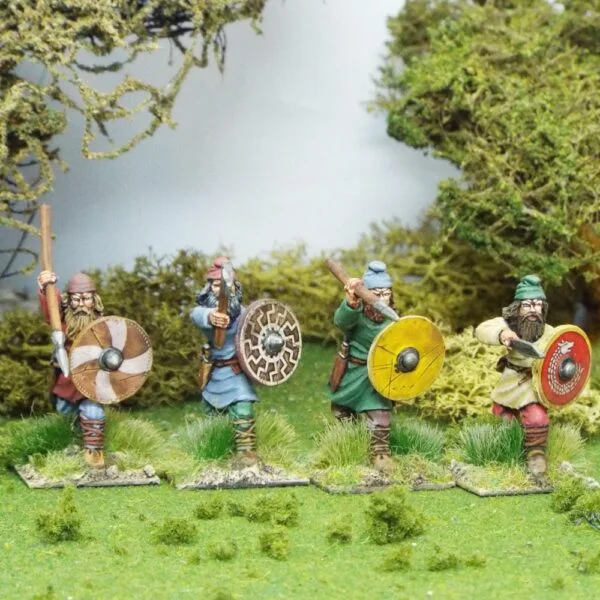 Duguth Shieldwall Wearing Caps. Contains 4 figures wearing assorted caps , shields and assorted weapons.