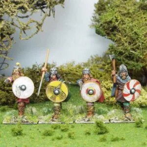 Duguth shieldwall Wearing Helmets Contains 4 figures wearing assorted helmets , shields and assorted weapons.