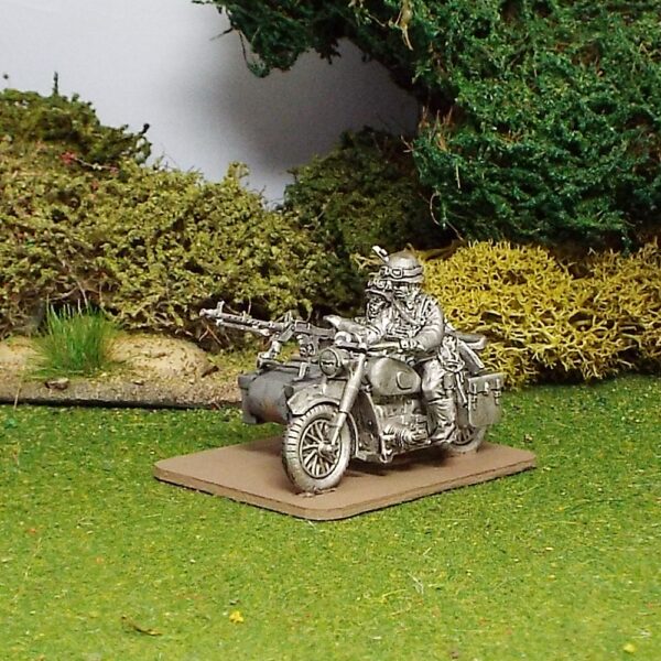 German Motorcycle Combination with rider and passenger firing MG34.