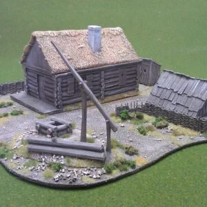 Large cabin with thatch roof,toilet, store, well and 1 sprue of plastic fence. Can be supplied with porch ,whicker or picket fencing.