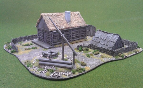 Large cabin with thatch roof,toilet, store, well and 1 sprue of plastic fence. Can be supplied with porch ,whicker or picket fencing.