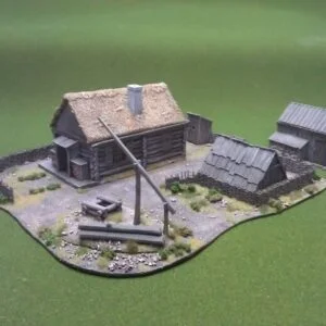 Includes large cabin with thatch roof, workshop, toilet, store, well and 1 sprue of plastic fence.