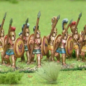 Greek Hoplites wearing bell cuirass advancing.