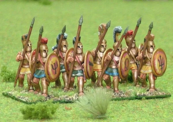 Greek Hoplites wearing bell cuirass advancing.