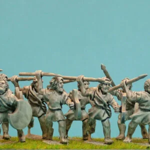 Greek Helots throwing javelins and buckler.