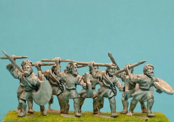 Greek Helots throwing javelins and buckler.