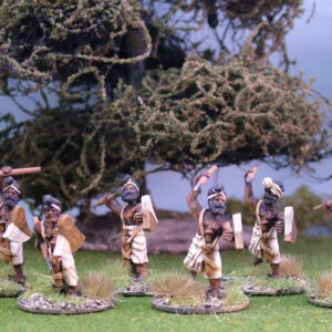 Skirmishers with javelin and bell shield.