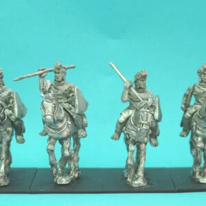 Cavalry in light armour with javelin and bell shields.