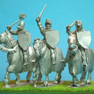 Mounted Knights, sword arm raised barded horses