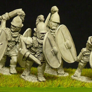 Legionaries wearing chainmail with oval scutum and sword.