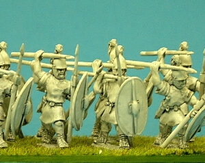 Unarmoured Legionaries with oval scutum and Pilum.