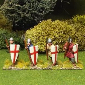 Spearmen wearing nasal bar and skull cap helmets.