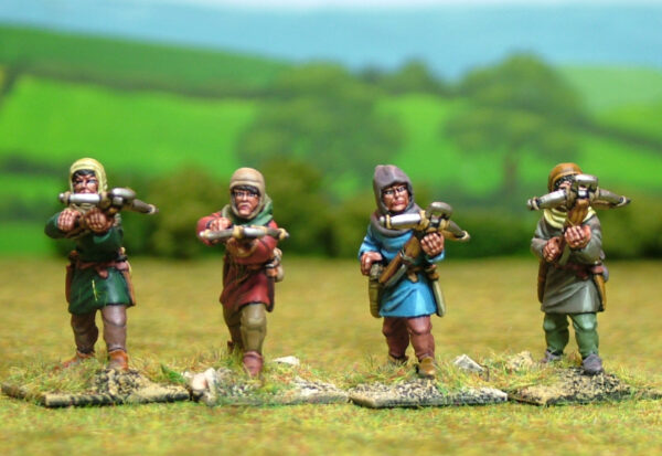 Crossbowmen in hoods and arming caps.