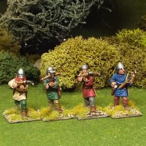 Crossbowmen wearing nasal bar and skull cap helmets.