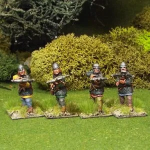 Crossbowmen in mail wearing nasal bar and skull cap helmets.