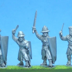 Foot knights-sergeants ass kettle helms, hand weapons attacking..