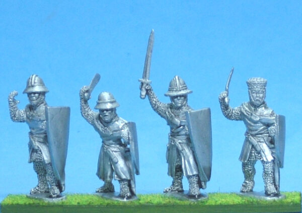 Foot knights-sergeants ass kettle helms, hand weapons attacking..