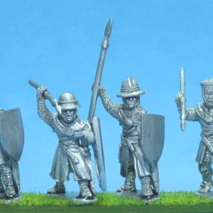 Foot knights-sergeants ass kettle helms with spears attacking.