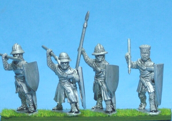 Foot knights-sergeants ass kettle helms with spears attacking.