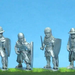 Foot knights-sergeants ass kettle helms with hand weapons advancing.