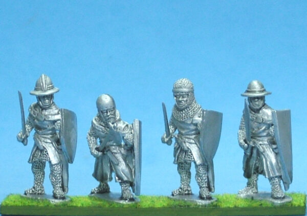 Foot knights-sergeants ass kettle helms with hand weapons advancing.