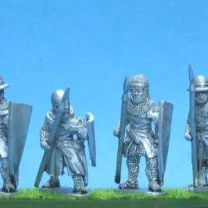 Foot knights-sergeants ass kettle helms with spears advancing.