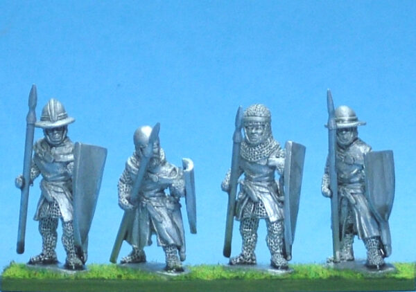 Foot knights-sergeants ass kettle helms with spears advancing.