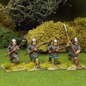 2 handed polearm men wearing, mail, nasal bar and skull cap helmets