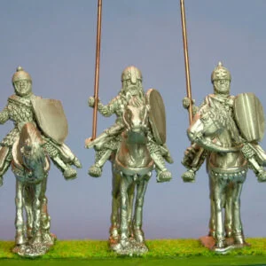 Mounted Knights 1, scale-lamellar, lance upright, standing unbarded horses. Figures are supplied with all weapons and shields as appropriate including metal cast Lances. 