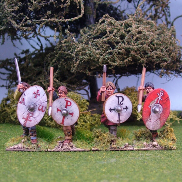 Romano British Warriors attacking with hand weapons.