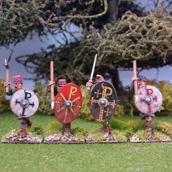 Romano British Warriors attacking with mixed weapons.