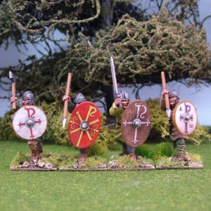 Romano British Warriors attacking with mixed weapons.