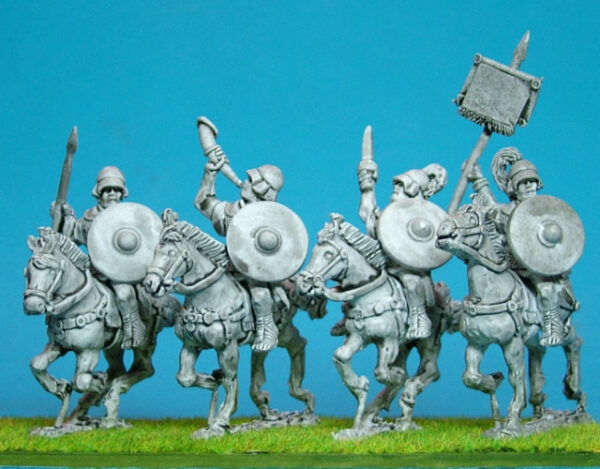 Equites Cavalry Command. Equites Cavalry Command. Contains 4 mounted figures. 2 Officers. 1 Standard Bearer. 1 Musician.