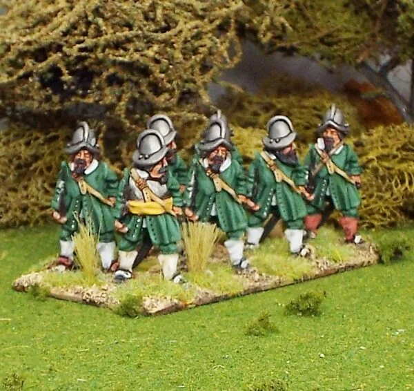 Thirty Years war Unarmoured pikemen wearing morion helmets