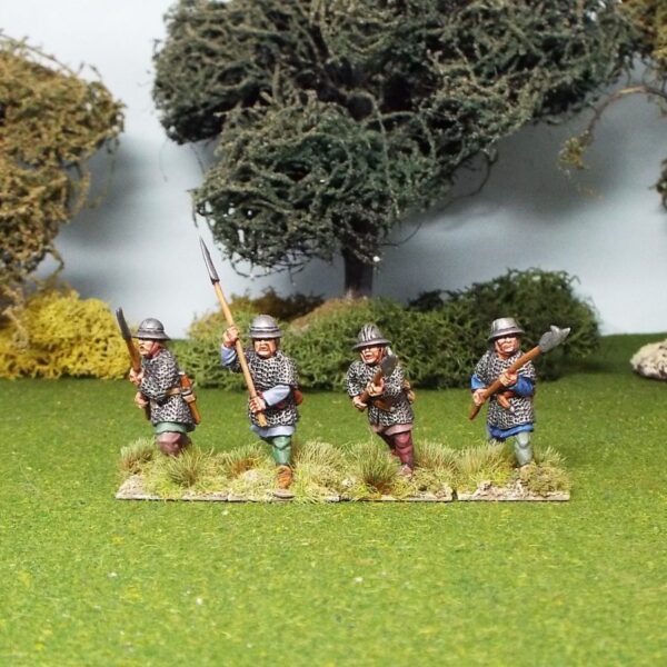 Medieval Polearm men in mail and kettle helm.