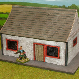 Chinese Single story house with slate roof and lattice windows.